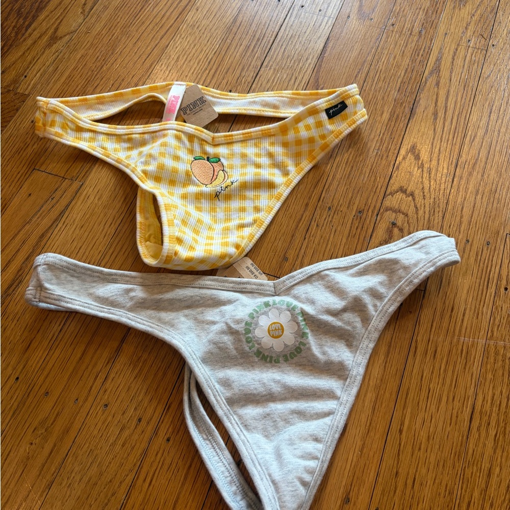 PINK Victoria's Secret Yellow Gingham Peach & Light Gray Daisy Bikini Set